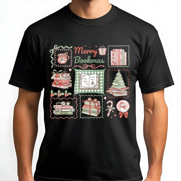 Bookworm Christmas Shirt, Merry Bookmas T-Shirt, Comfy Reader Holiday Graphic Tee, Adorable Book Lover Christmas T-Shirt, Lib