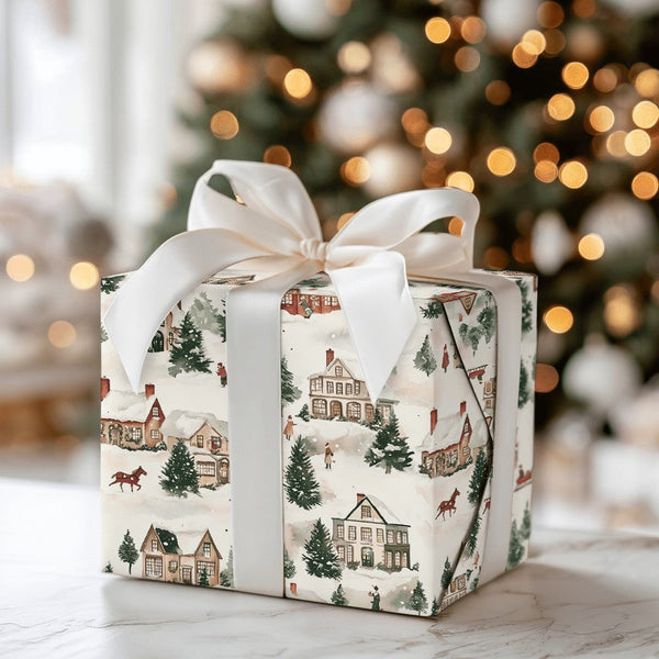 Horse Sleigh Holiday Gift Wrap, Snowy Village Christmas Wrapping Paper, Watercolor Winter Wonderland Gift Wrapping Paper, Com