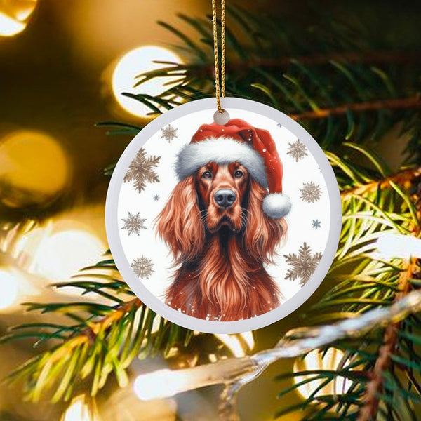 Santa Hat Dog Ornament, Irish Setter Christmas Ornament, Festive Puppy Ceramic Ornament, Pet Lover Xmas Tree Decor, Holiday K