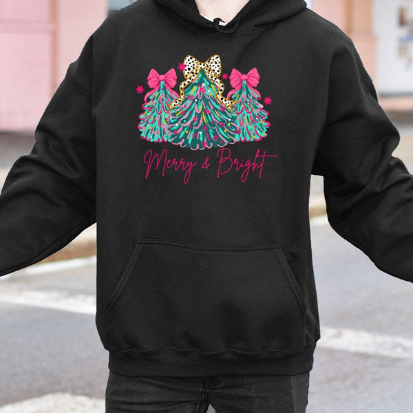 Adorable Tree with Pink Bows Graphic Sweatshirt, Merry & Bright Christmas Hoodie, Girly Holiday Pullover Hoodie, Festive Wint