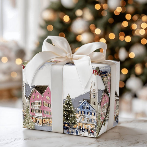 Snowy Town Holiday Gift Wrap, Watercolor European Christmas Village Wrapping Paper, Festive Winter Present Wrap, Christmas Tr