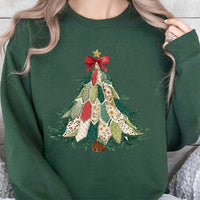 Vintage Quilt Style Xmas Sweatshirt, Patchwork Christmas Tree Sweatshirt, Farmhouse Holiday Crewneck, Comfy Winter Tree Graphic Sweater