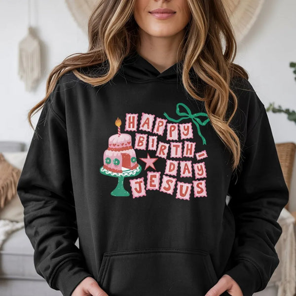 Retro Christmas Cake Graphic Sweatshirt, Happy Birthday Jesus Hoodie, Vintage Christian Holiday Pullover, Faith Religious Xma