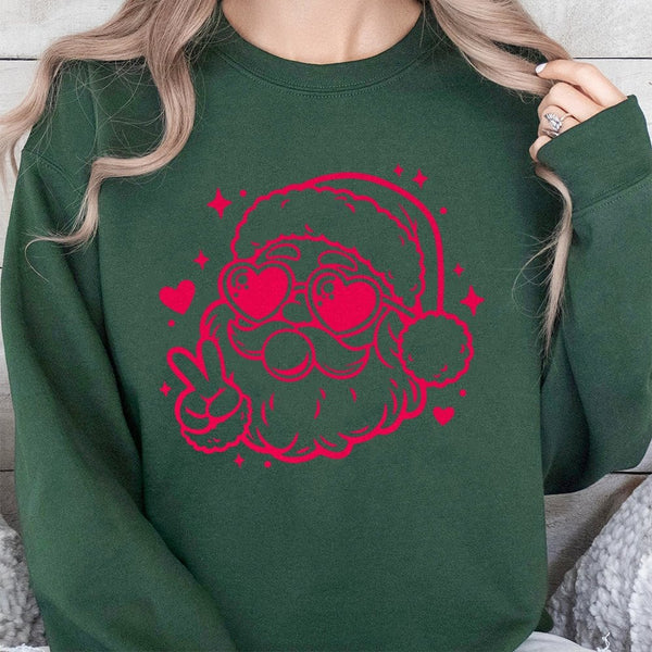 Retro Glasses Christmas Crewneck, Santa Claus Peace Sign Sweatshirt, Humorous Santa Holiday Sweater, Festive Winter Pullover,