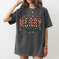 Retro Checkered Varsity Font Graphic Tee, Merry Christmas T-Shirt, Holiday Season Party Shirt, Festive Xmas Vibes Graphic Top