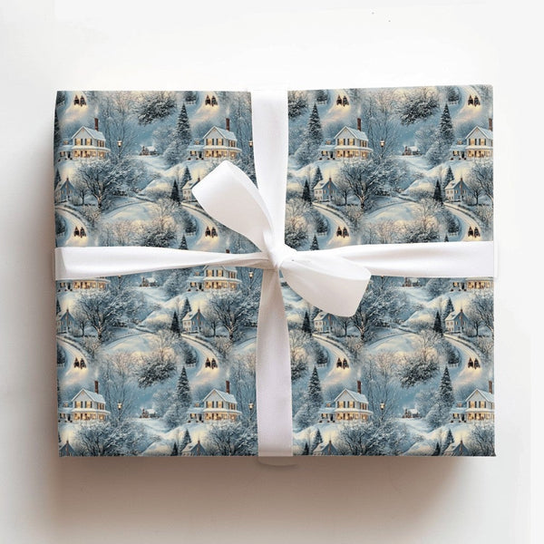 Snowy Village Holiday Gift Wrap, Horse Drawn Sleigh Christmas Wrapping Paper, Twilight Winter Wrapping Paper, Rustic Holiday 