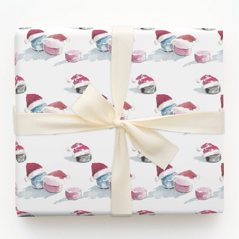 Christmas Sports Gift Wrap, Hockey Puck Santa Hat Wrapping Paper, Adorable Hockey Holiday Paper, Festive Winter Wrapping Paper, Hockey Fan Present