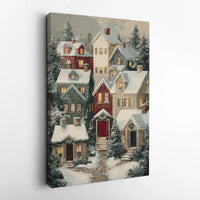 Winter Pine Trees Landscape Canvas, Snowy Christmas Village Canvas Print, Holiday Village Wall Art, Comfy Winter Canvas Art, Christmas Decor