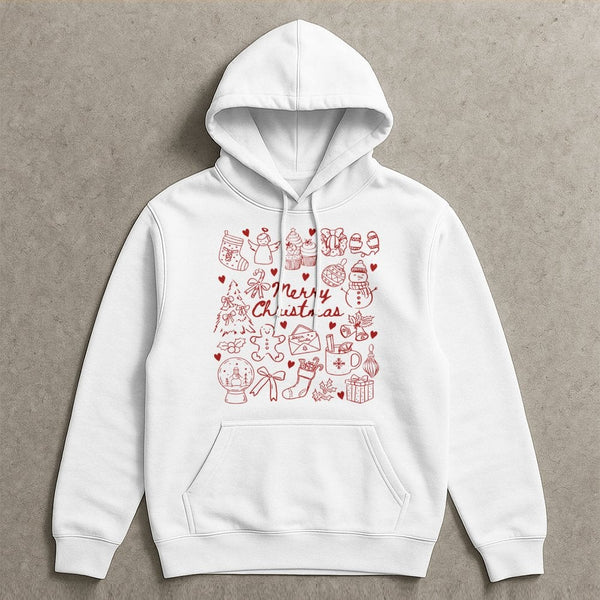 Festive Holiday Icons Graphic Hoodie, Merry Christmas Doodle Hoodie, Adorable Xmas Doodle Pullover Hoodie, Winter Holiday Hoo