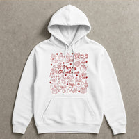 Festive Holiday Icons Graphic Hoodie, Merry Christmas Doodle Hoodie, Adorable Xmas Doodle Pullover Hoodie, Winter Holiday Hooded Sweatshirt