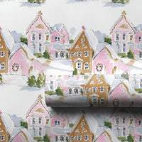 Watercolor Christmas Village Gift Wrap, Pink Gingerbread House Wrapping Paper, Whimsical Holiday Wrapping Paper, Adorable Xmas Gift Wrap Roll