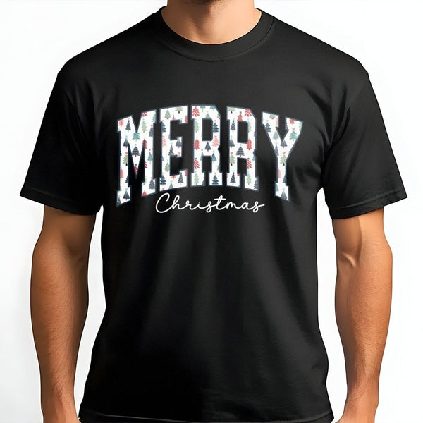 Varsity Letter Tree T-Shirt, Merry Christmas T-Shirt, Vintage Christmas Graphic Tee, Festive Holiday Season Shirt, Christmas 