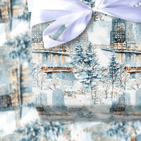 Snowy Skyline Christmas Gift Wrap, Winter Cityscape Wrapping Paper, Watercolor Waterfront City Wrapping Paper, Holiday Gift Wrap Roll