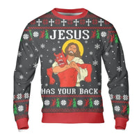 Humorous Ugly Christmas Sweater, Jesus Has Your Back Sweatshirt, Christian Holiday Crewneck, Religious Xmas Pullover, Faith Present for Him Her