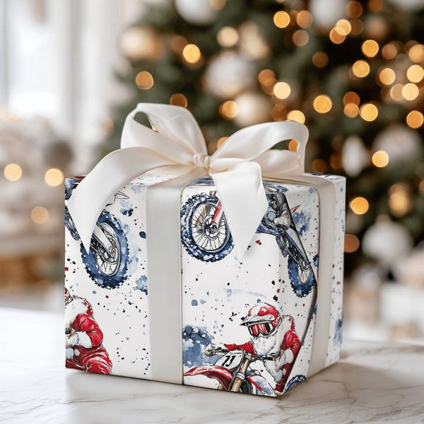 Dirt Bike Claus Gift Wrap, Motocross Santa Christmas Wrapping Paper, Motorcycle Holiday Wrapping Paper, Biker Christmas Wrapp