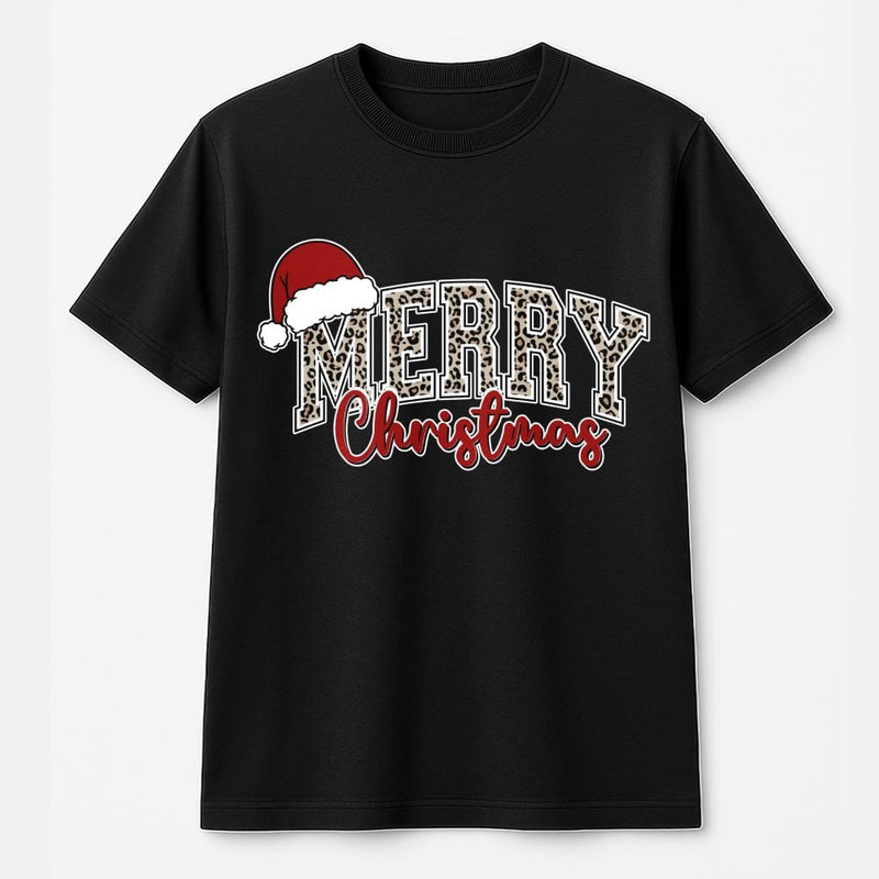 Merry Christmas Shirt, Leopard Santa Hat Christmas T-Shirt, Leopard Print Christmas Tee, Festive Santa Hat Graphic Shirt, Holiday Present Tee