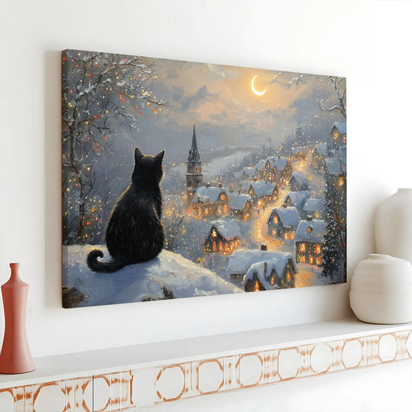 Snowy Village Canvas Print, Black Cat Christmas Canvas Wall Art, Comfy Holiday Winter Wall Decor, Festive Cat Lover Canvas Ar