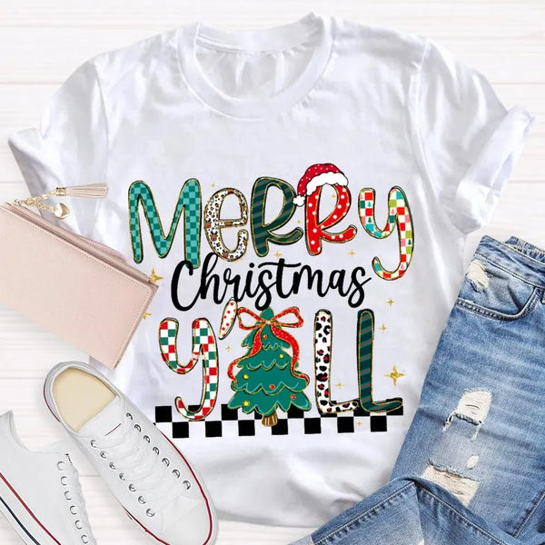 Colorful Christmas Tree Typography Tee, Merry Christmas Y'all Shirt, Southern Holiday Graphic T-Shirt, Family Xmas Apparel Pr