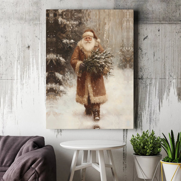Snowy Forest Santa Canvas Print, Vintage Santa Claus Canvas Wall Art, Christmas Tree Santa Canvas Decor, Winter Holiday Wall 