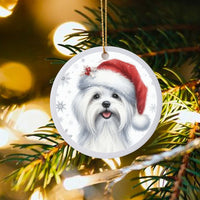 Adorable Santa Hat Puppy Ornament, Maltese Dog Christmas Ornament, Ceramic Holiday Tree Ornament, Round Dog Lover Keepsake, Festive Pet Present