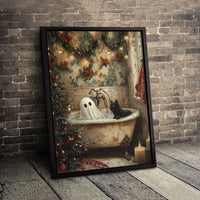 Holiday Bathtub Scene Poster, Ghost and Black Cat Christmas Canvas Wall Art, Spooky Festive Cat Decor, Digital Download