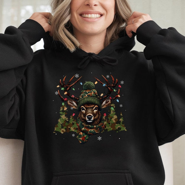 Camo Deer Winter Graphic Sweatshirt, Christmas Deer Hunting Hoodie, Festive Hunter Deer Hoodie, Camouflage Holiday Hoodie, Ou