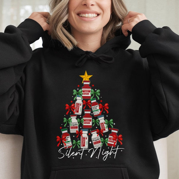 ICU Nurse Holiday Hoodie, Silent Night Medical Christmas Hoodie, Humorous Healthcare Xmas Hoodie, Hospital Worker Hooded Swea