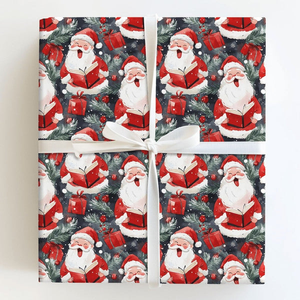 Watercolor Caroler Christmas Gift Wrap, Singing Santa Wrapping Paper, Dark Blue Holiday Wrapping Paper, Caroling Gift Wrap Ro