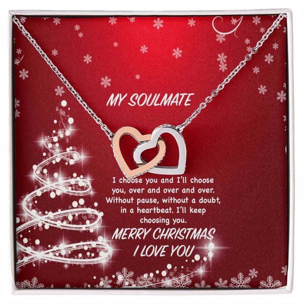 Polished Surgical Steel Heart Pendant with Card, Soulmate Interlocking Hearts Necklace for Wife Girlfriend, Romantic Christma