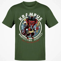 Humorous Christmas Horror Graphic Tee, Krampus Babysitting Service T-Shirt, Spooky Holiday Folklore Shirt, Alpine Demon Winter Top