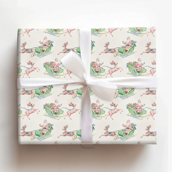 Watercolor Reindeer Gift Wrap, Vintage Santa Sleigh Wrapping Paper, Christmas Holiday Present Paper, Nostalgic Xmas Wrapping 