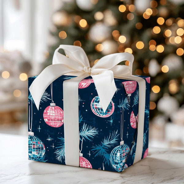 Retro Holiday Gift Wrap Roll, Pink Disco Ball Christmas Wrapping Paper, Navy Blue Pine Ornament Present Paper, Groovy Festive