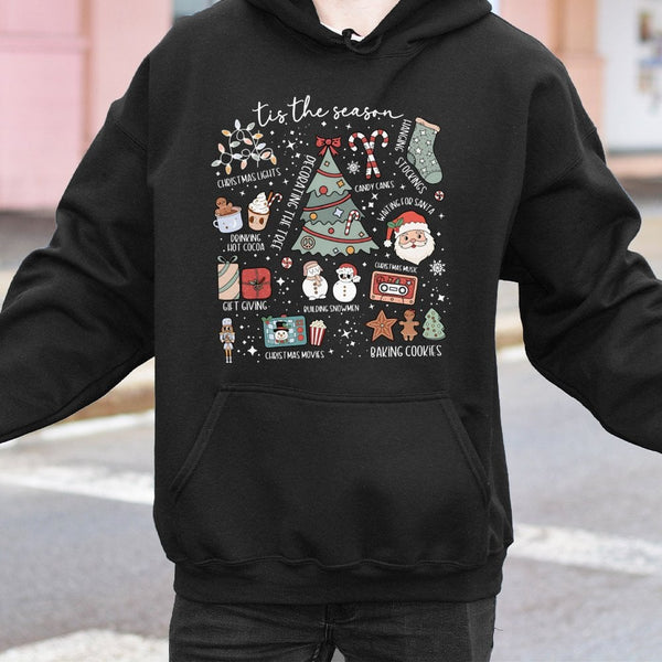 Festive Holiday Doodle Hoodie, Tis the Season Christmas Hoodie, Winter Xmas Hooded Sweatshirt, Retro Holiday Pullover Hoodie,