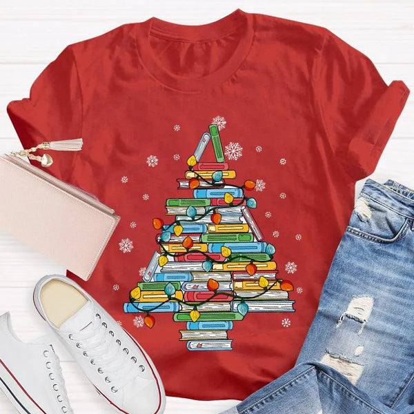 Bookish Holiday T-Shirt, Christmas Tree Books Shirt, Festive Reading Christmas Tee, Winter Book Lover Graphic Shirt, Christma