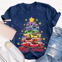 Custom Name Holiday Shirt, Personalized Christmas Tree T-Shirt, Colorful Crayon Snowflake Graphic Tee, Kids Family Christmas Tee