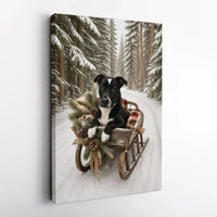 Winter Dog in Sleigh Wall Art, Christmas Dog Sled Canvas, Snowy Forest Dog Canvas Print, Rustic Holiday Dog Wall Decor, Dog Lover Present