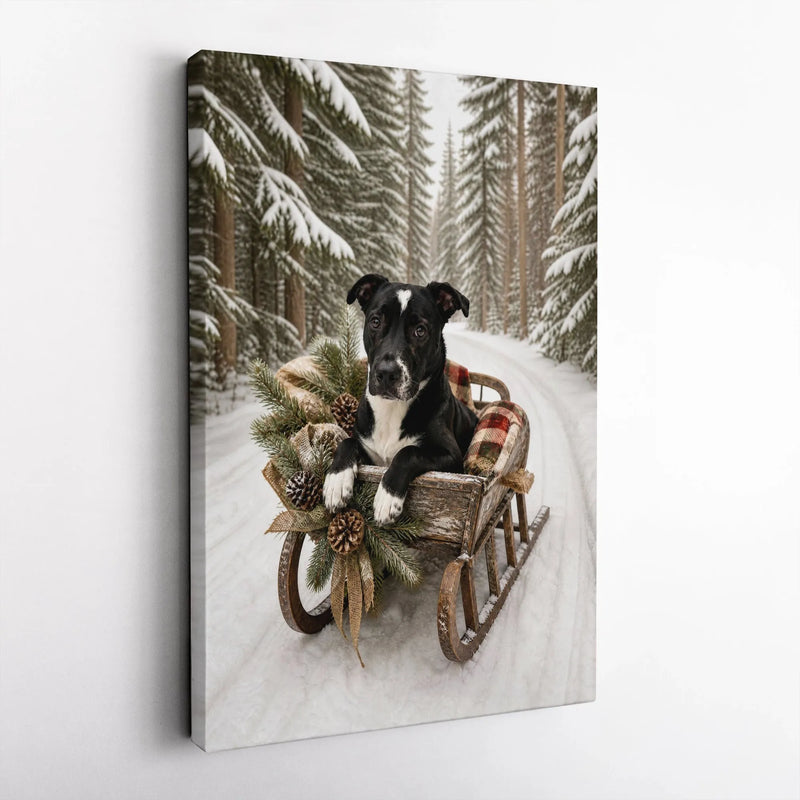 Winter Dog in Sleigh Wall Art, Christmas Dog Sled Canvas, Snowy Forest Dog Canvas Print, Rustic Holiday Dog Wall Decor, Dog Lover Present