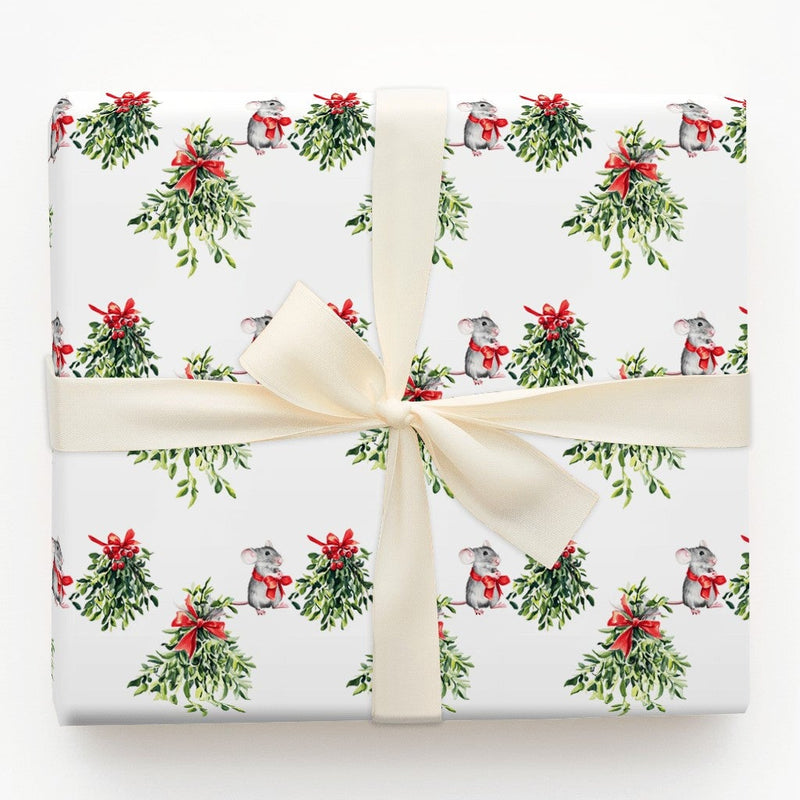 Watercolor Mistletoe and Red Bow Gift Wrap, Christmas Mouse Wrapping Paper, Adorable Winter Animal Wrapping Paper, Festive Holiday Gift Wrap