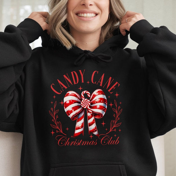 Festive Red Bow Christmas Hooded Sweatshirt, Candy Cane Christmas Club Hoodie, Comfy Holiday Graphic Sweater, Xmas Present fo
