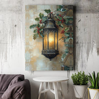 Winter Holly Berry Canvas Print, Christmas Lantern Canvas Wall Art, Glowing Holiday Scene Poster, Xmas Decor Digital Download
