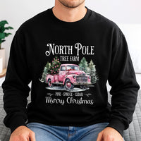 Pink Vintage Truck Christmas Crewneck, North Pole Tree Farm Sweatshirt, Coquette Holiday Tree Sweater, Adorable Winter Xmas Present Her