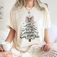 Coquette Bow Christmas Tree Tee, Oh Come Let Us Adore Him Shirt, Christian Holiday T-Shirt, Religious Xmas Graphic Tee, Faith Present for Her