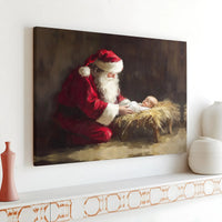 Nativity Canvas Wall Art, Santa Kneeling Before Jesus Canvas, Christian Christmas Canvas Print, Religious Faith Holiday Home Decor