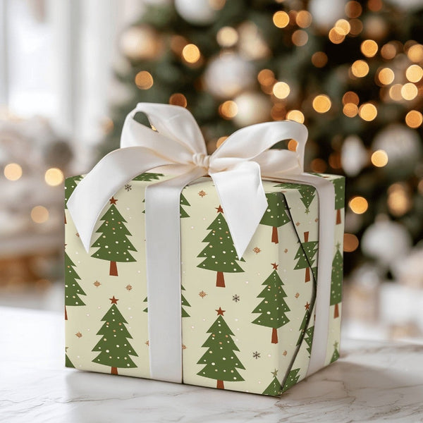 Retro Green Pine Tree Gift Wrap, Christmas Tree Wrapping Paper, Holiday Snowflake Wrapping Paper, Adorable Seasonal Xmas Gift