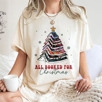 Festive Book Tree Graphic Tee, All Booked for Christmas T-Shirt, Adorable Holiday Reader Shirt, Winter Bookish Present for Bookworms