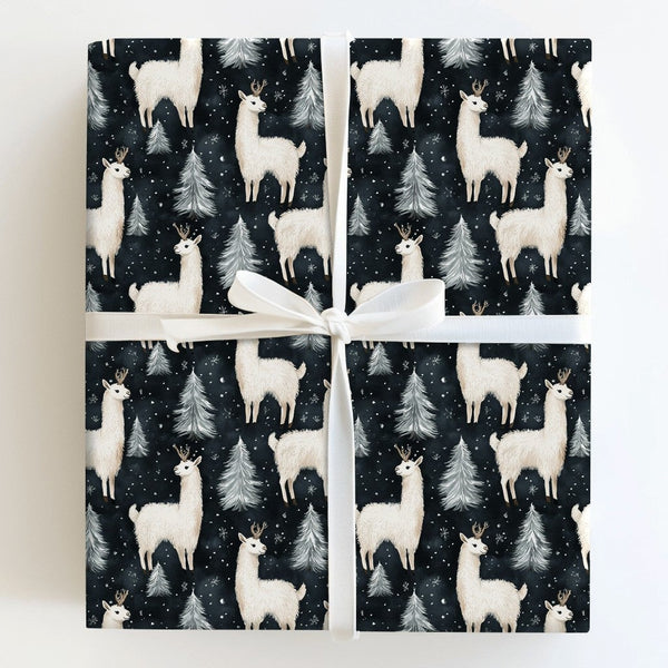 Navy Winter Forest Gift Wrap, Llama Reindeer Wrapping Paper, Snowy Pine Tree Wrapping Paper, Christmas Holiday Paper