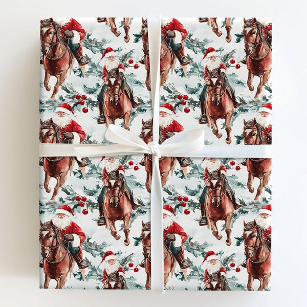 Watercolor Evergreen Christmas Gift Wrap, Equestrian Santa on Brown Horse Wrapping Paper, Rustic Holiday Paper, Festive Wrapp
