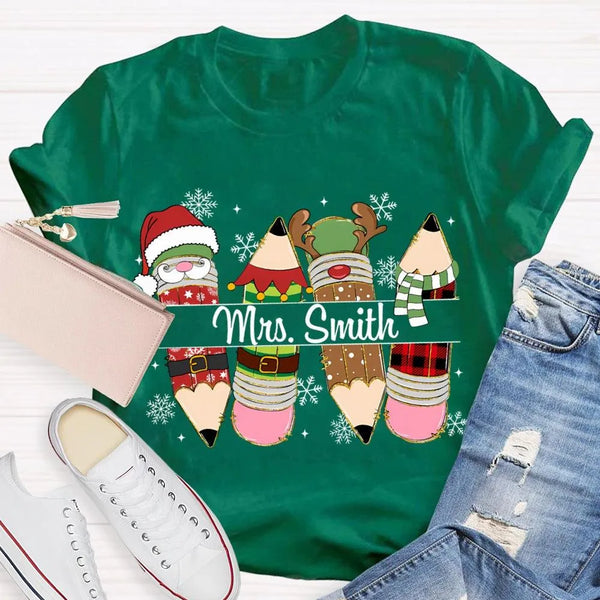 Custom Name Pencil Snowflake Shirt, Personalized Christmas T-Shirt, Teacher Holiday Graphic Tee, Custom Xmas T-Shirt, Holiday