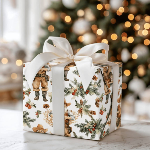 Rustic Country Christmas Gift Wrap, Western Cowboy Santa Wrapping Paper, Cowboy Hat Santa Holiday Paper, Pinecone Present Wra