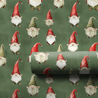 Dark Green Christmas Gift Wrap Roll, Scandinavian Gnome Wrapping Paper, Adorable Nisse Holiday Present Paper